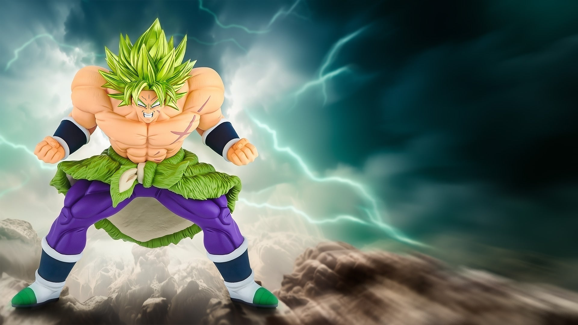 Action figure of Broly from Dragon Ball Super standing on a rocky landscape with lightning in the background.