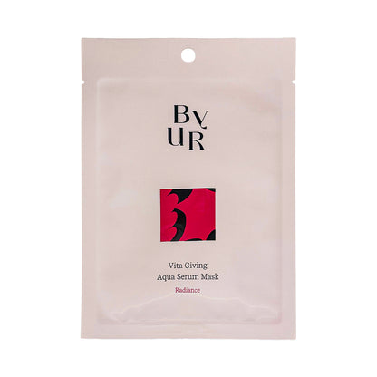 Front of a pink BYUR sheet mask packaging with text and branding.