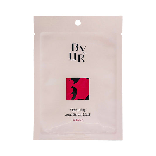 Front of a pink BYUR sheet mask packaging with text and branding.